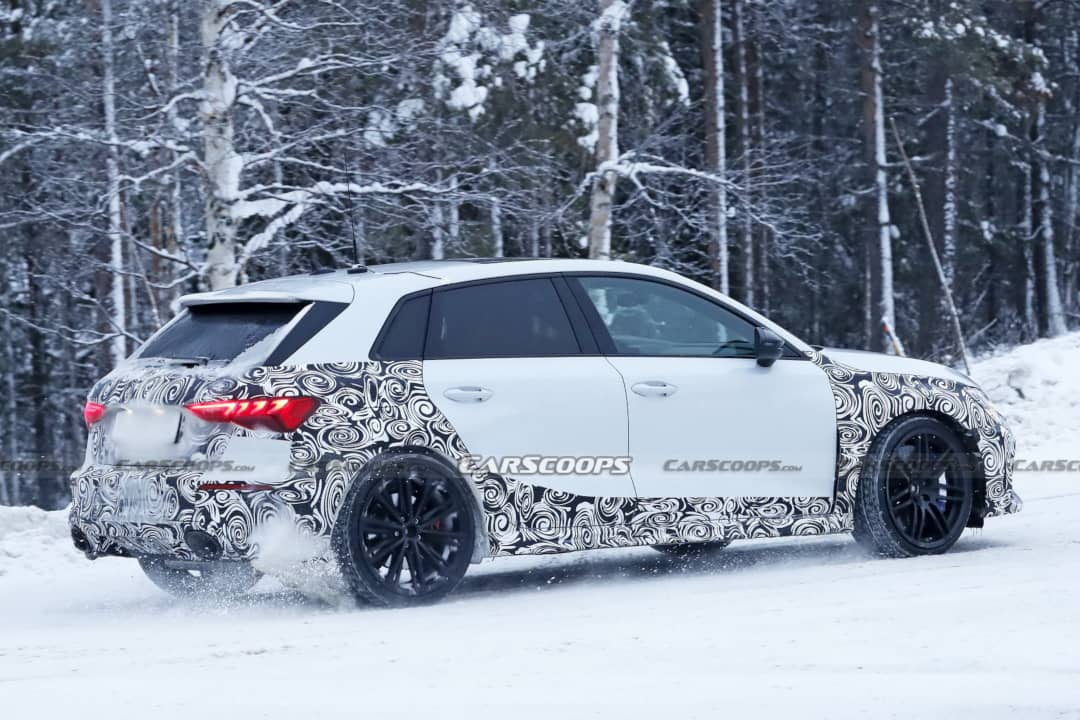 Audi RS3 Sportback MY2022 Snow Test Spyshot Rear three quarter